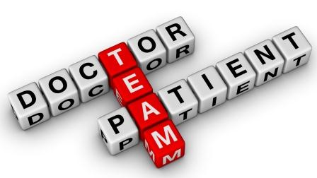 tiles spelling out doctor, patient, and team