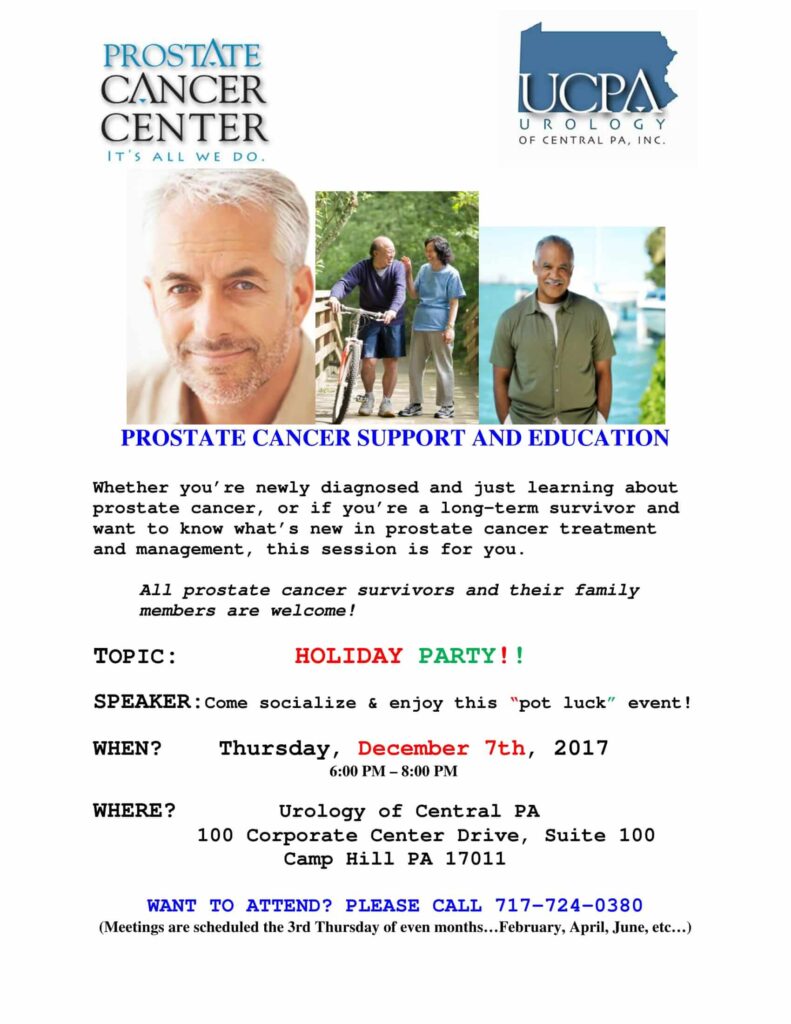 flyer with information for the prostate cancer support group on december 7th 2017